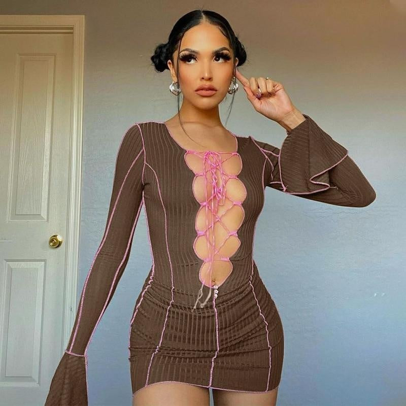 Lace Up Ribbed Long Sleeve Bodycon Mini Dress