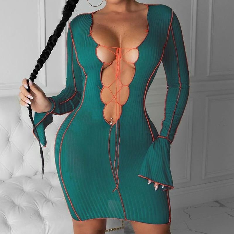 Lace Up Ribbed Long Sleeve Bodycon Mini Dress