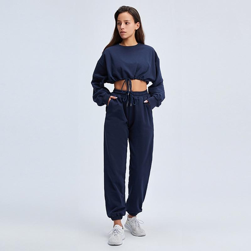 Long Sleeve Drawstring Hem Crop Top & High Waist Tracksuit - Basic Oversized Co-Ord