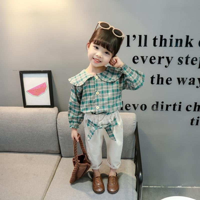 Toddler Girls Autumn Suit Lapel Plaid Casual 2 Pcs Suit - MomyMall