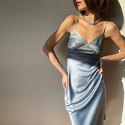 Satin V-Neck Midi Slip Dress - MomyMall BLUE / S