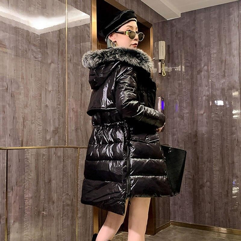 High Shine Drawstring Collar Parka Coat With Faux Fur Hood