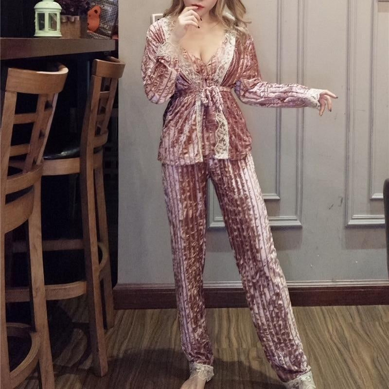 Striped Velvet Nightwear - 3 Piece Pyjama Set