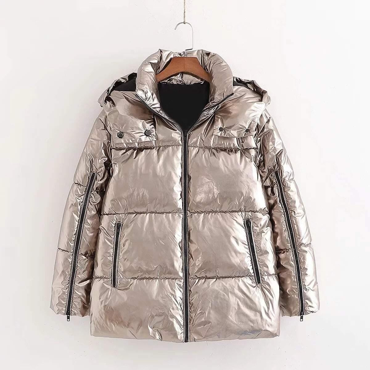 Hooded Metallic Puffer Jacket With Zipper Detailing & Pockets