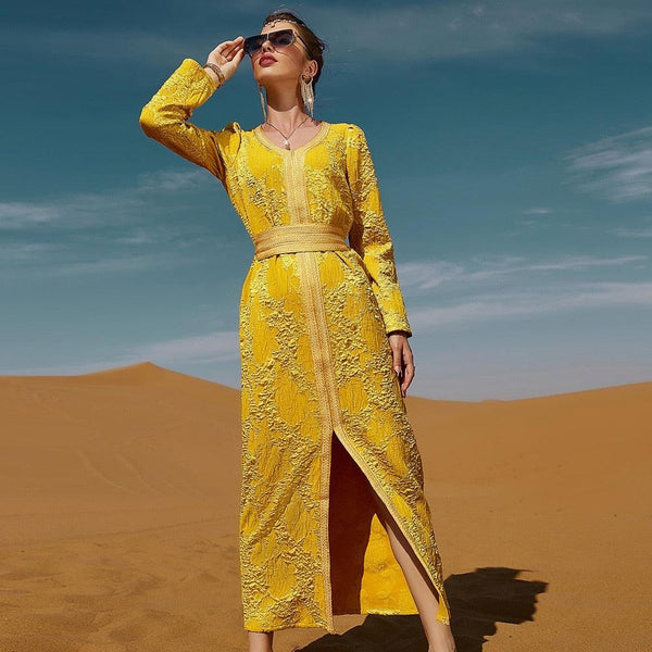 Morocco Golden Palace Style 3D Pattern V Neck Long - MomyMall