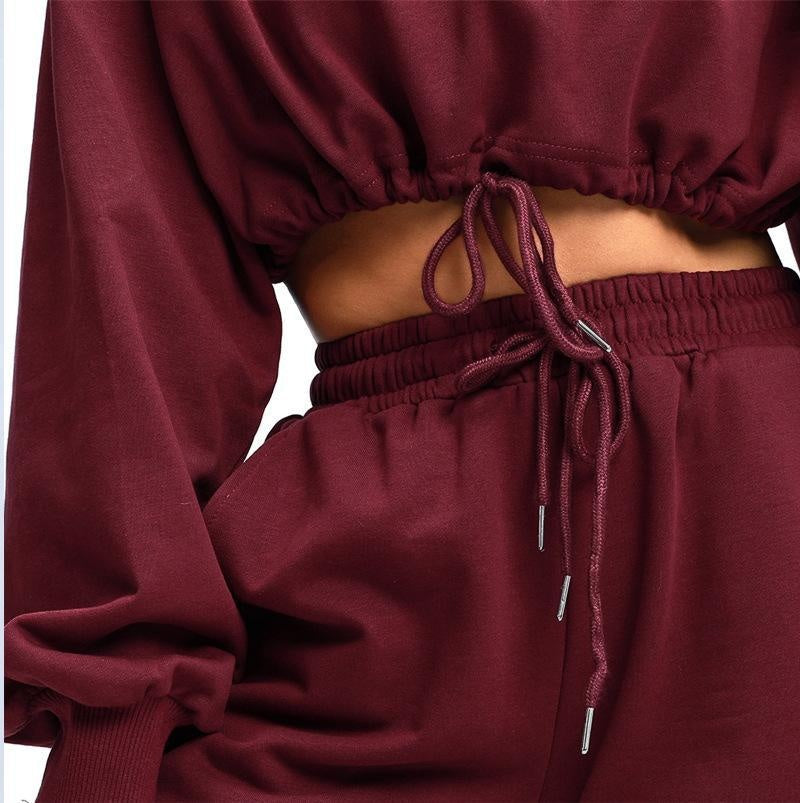 Long Sleeve Drawstring Hem Crop Top & High Waist Tracksuit - Basic Oversized Co-Ord