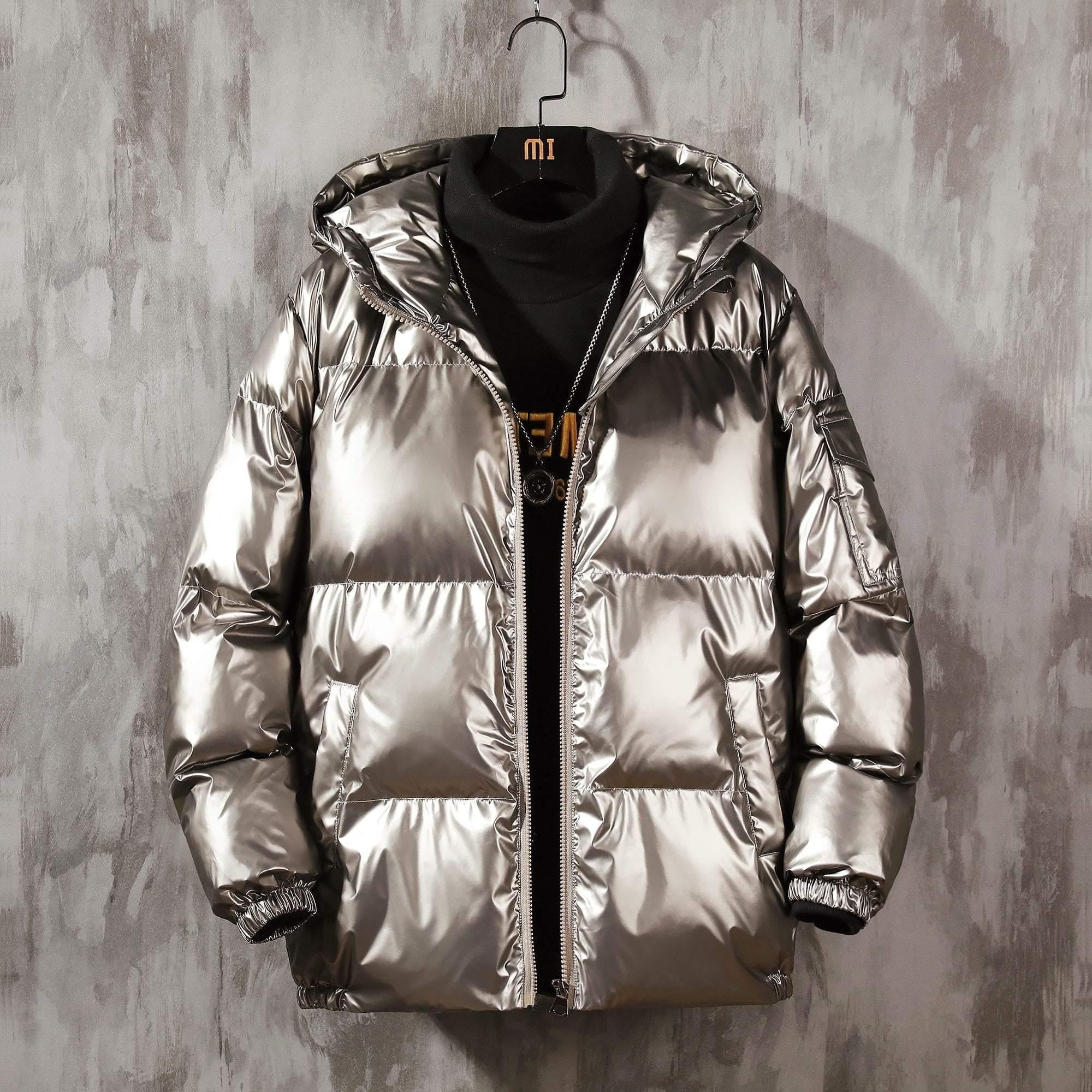 Plus Size Shiny Metallic Puffer Jacket With Hood