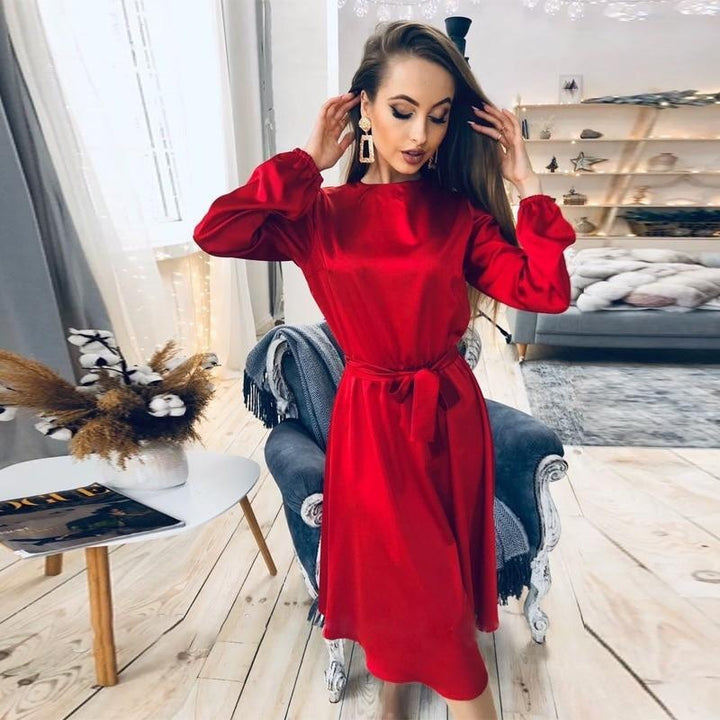 Satin Swing Midi Dress with Lantern Sleeves - MomyMall RED / S