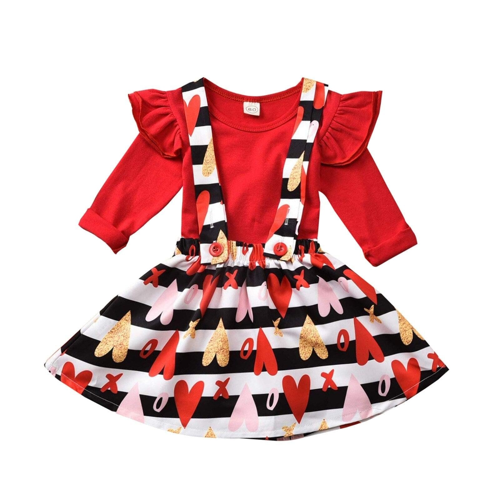 Baby Girls Long Sleeve Valentine Heart Print Tops+Suspender 2Pcs - MomyMall