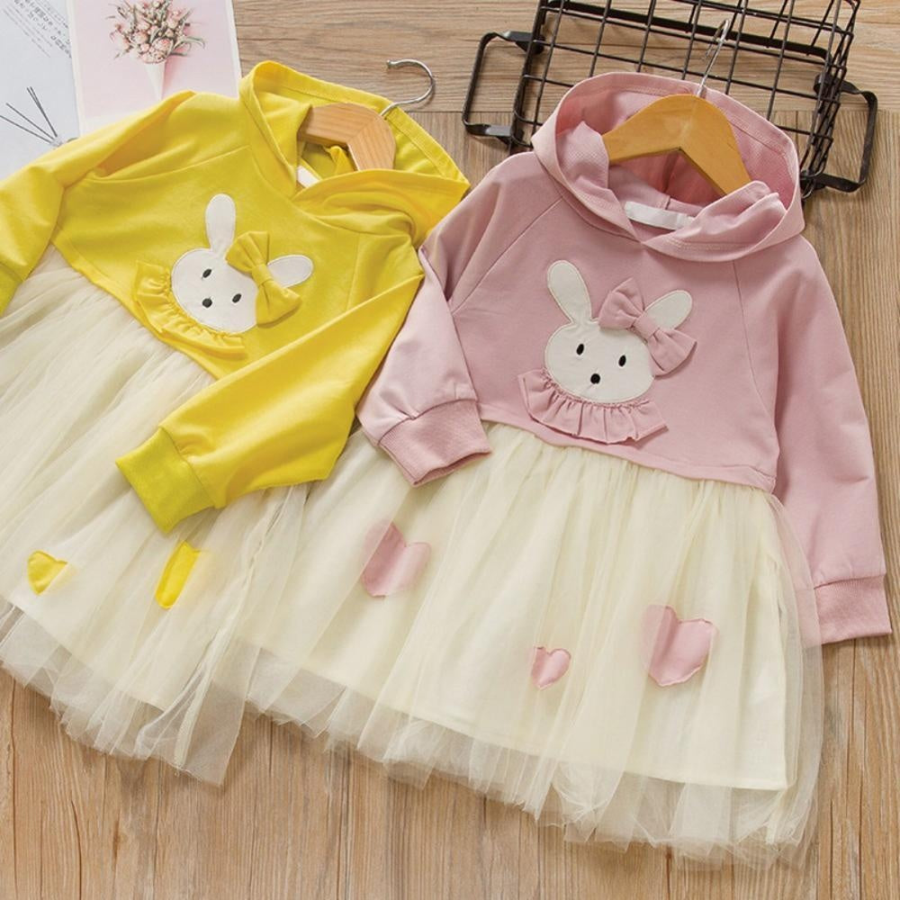 Kids Girls Fancy Casual Dress Long Sleeve Party Cartoon Rabbit Dress - MomyMall