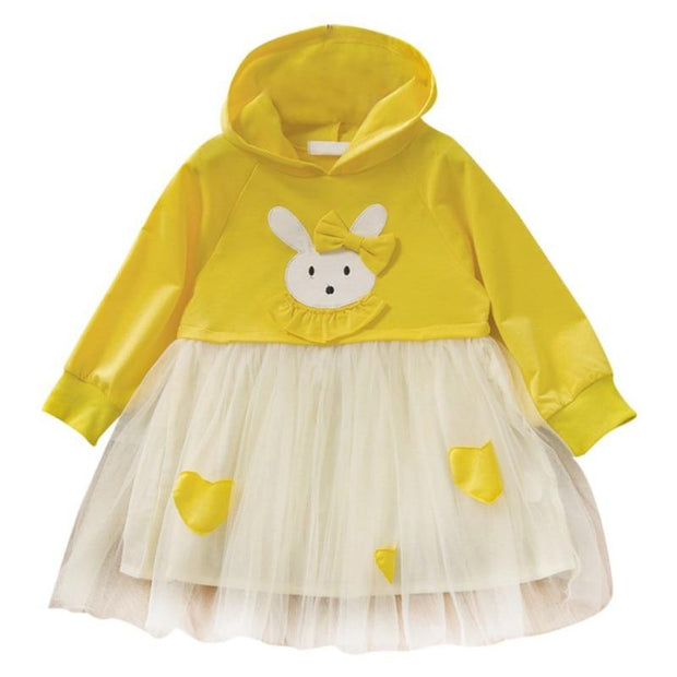 Kids Girls Fancy Casual Dress Long Sleeve Party Cartoon Rabbit Dress - MomyMall Yellow / 1-2 Years
