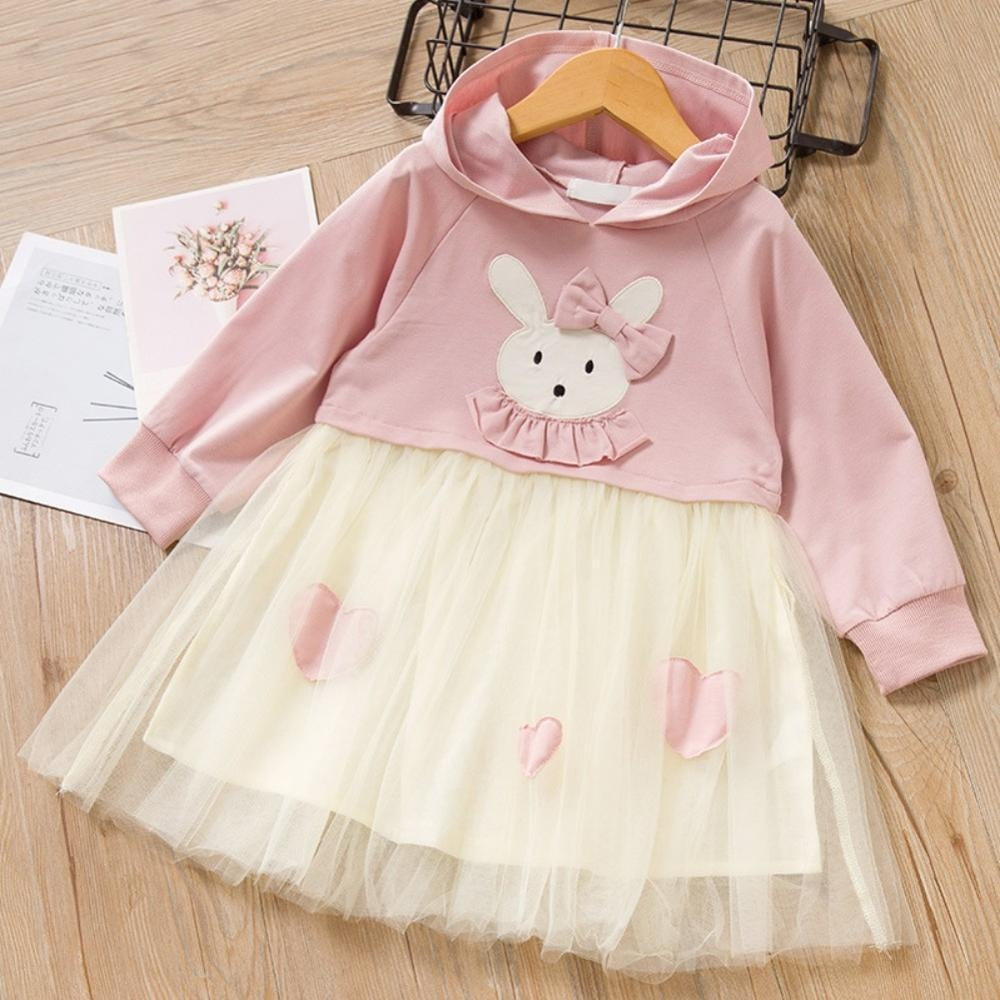 Kids Girls Fancy Casual Dress Long Sleeve Party Cartoon Rabbit Dress - MomyMall