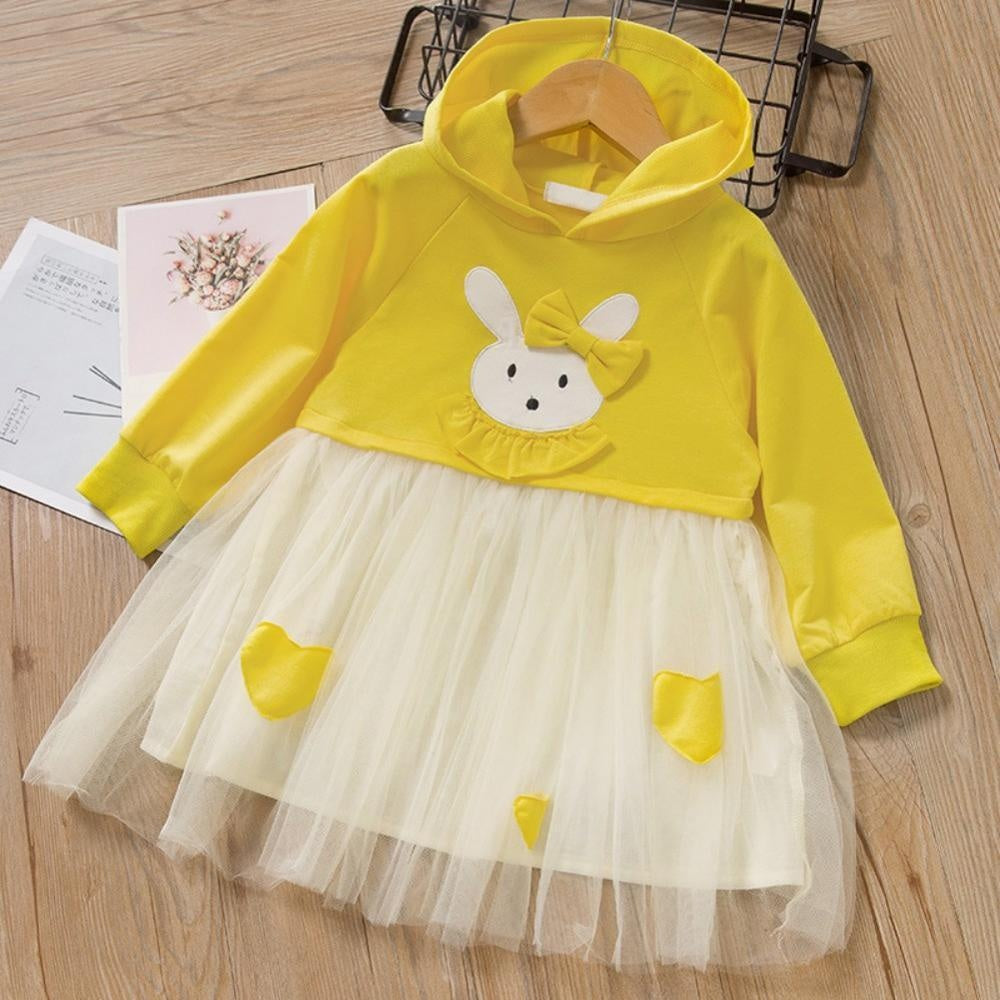 Kids Girls Fancy Casual Dress Long Sleeve Party Cartoon Rabbit Dress - MomyMall