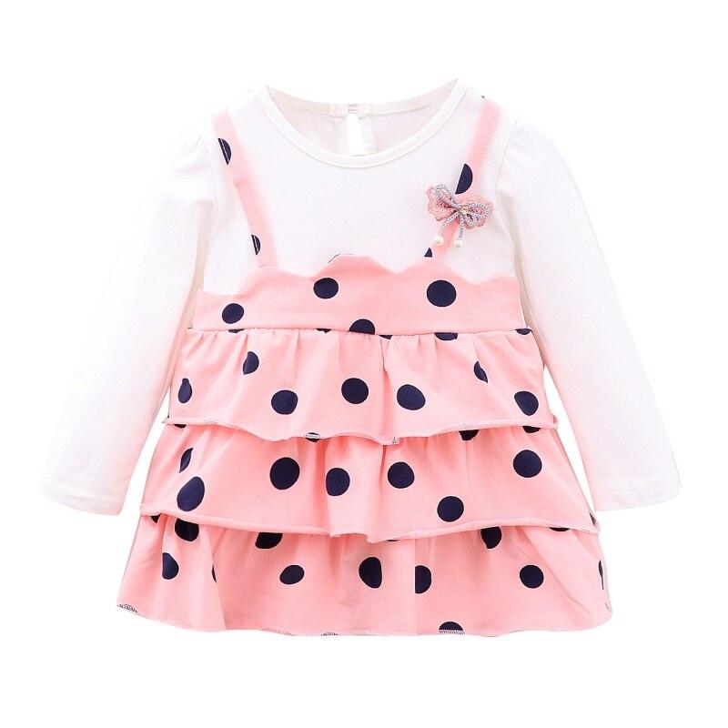 Baby Girls Dress Autumn Dot Pattern Pageant Sundress Leisure Fake 2 Pcs 0-4Years - MomyMall Pink / 1-2years