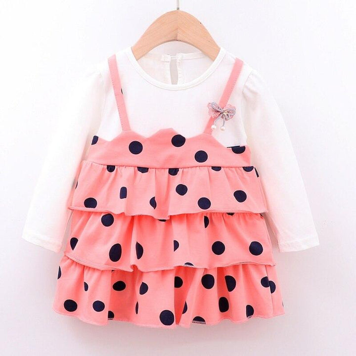 Baby Girls Dress Autumn Dot Pattern Pageant Sundress Leisure Fake 2 Pcs 0-4Years - MomyMall