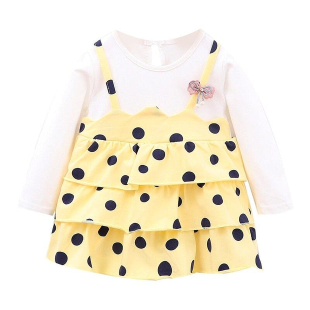 Baby Girls Dress Autumn Dot Pattern Pageant Sundress Leisure Fake 2 Pcs 0-4Years - MomyMall Yellow / 1-2years