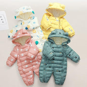 Newborn Infant Jumpsuit Warm Flannel Rompers Printed Hooded Outerwear - MomyMall