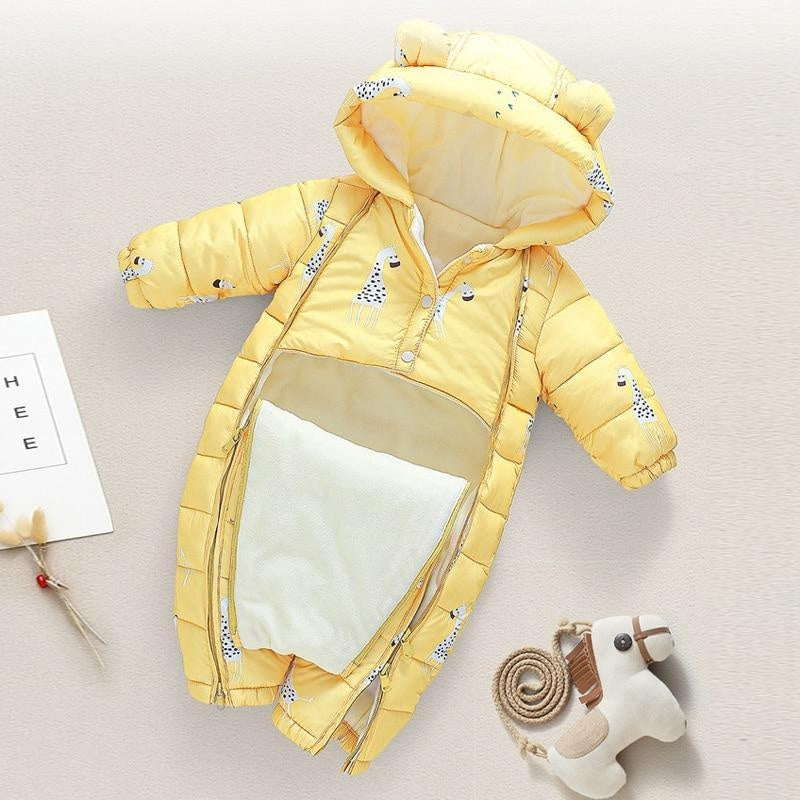 Newborn Infant Jumpsuit Warm Flannel Rompers Printed Hooded Outerwear - MomyMall