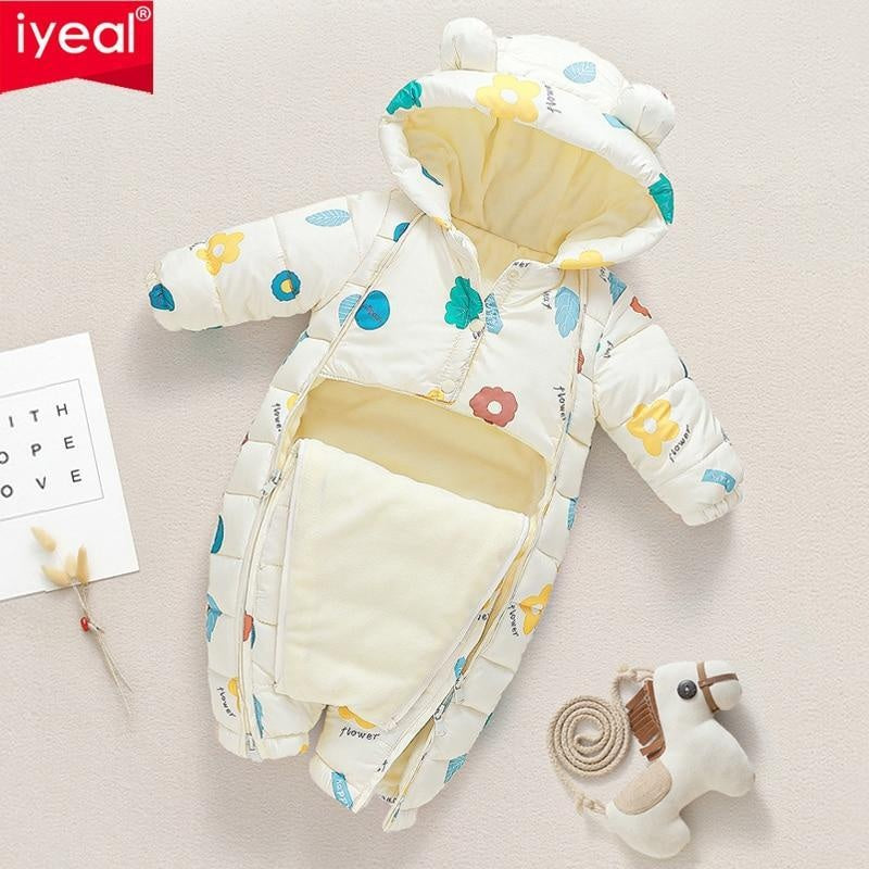 Newborn Infant Jumpsuit Warm Flannel Rompers Printed Hooded Outerwear - MomyMall