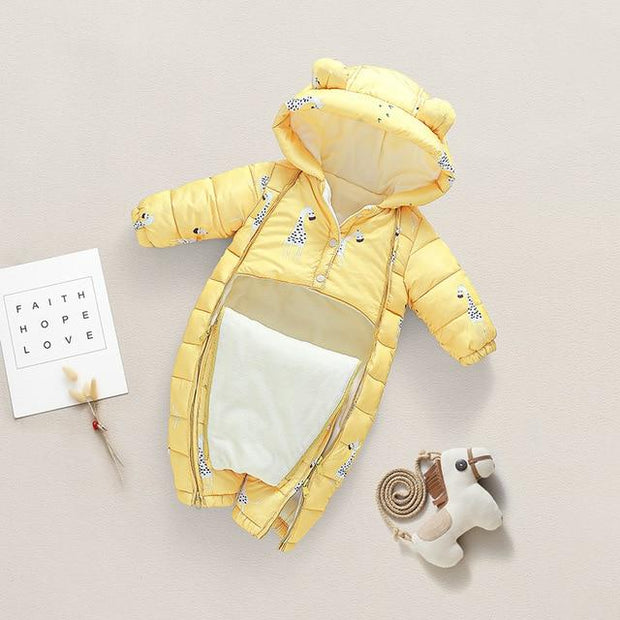 Newborn Infant Jumpsuit Warm Flannel Rompers Printed Hooded Outerwear - MomyMall Yellow / 0-9M