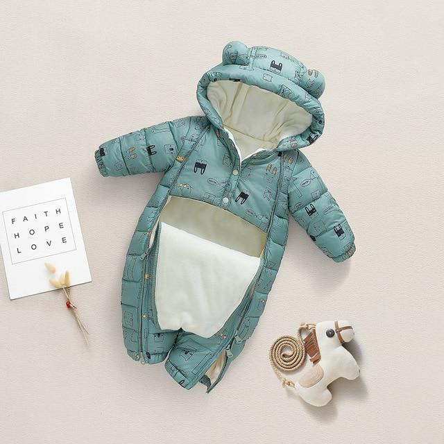 Newborn Infant Jumpsuit Warm Flannel Rompers Printed Hooded Outerwear - MomyMall Dark green / 0-9M