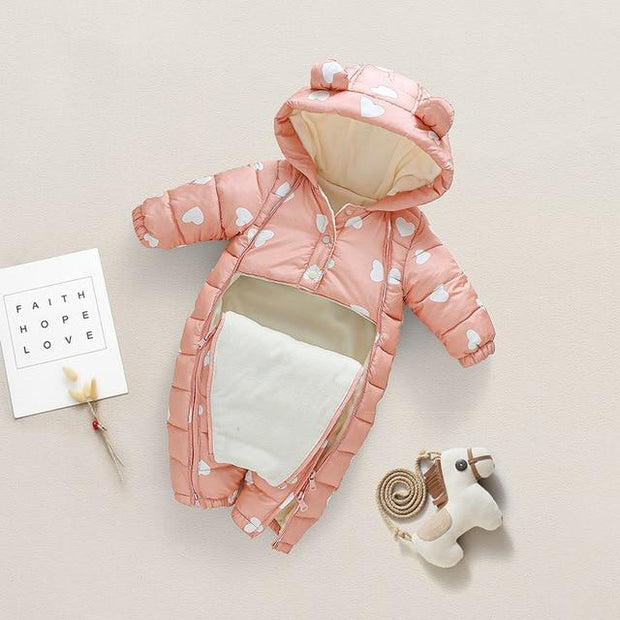 Newborn Infant Jumpsuit Warm Flannel Rompers Printed Hooded Outerwear - MomyMall Pink / 0-9M