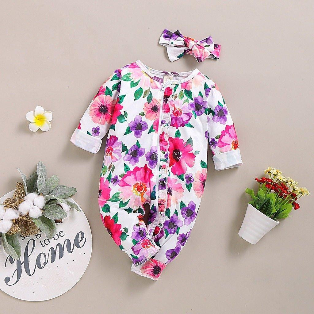 Infant Baby Long Sleeve Floral Printed Zipper Jumpsuit