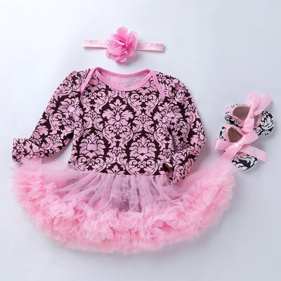 Baby Girls Jumpsuits Floral Mesh Tutu Bodysuits Princess Baptism Dresses 3Pcs 3-18M