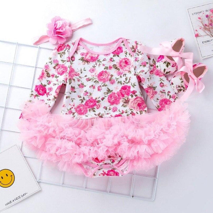 Baby Girls Jumpsuits Floral Mesh Tutu Bodysuits Princess Baptism Dresses 3Pcs 3-18M