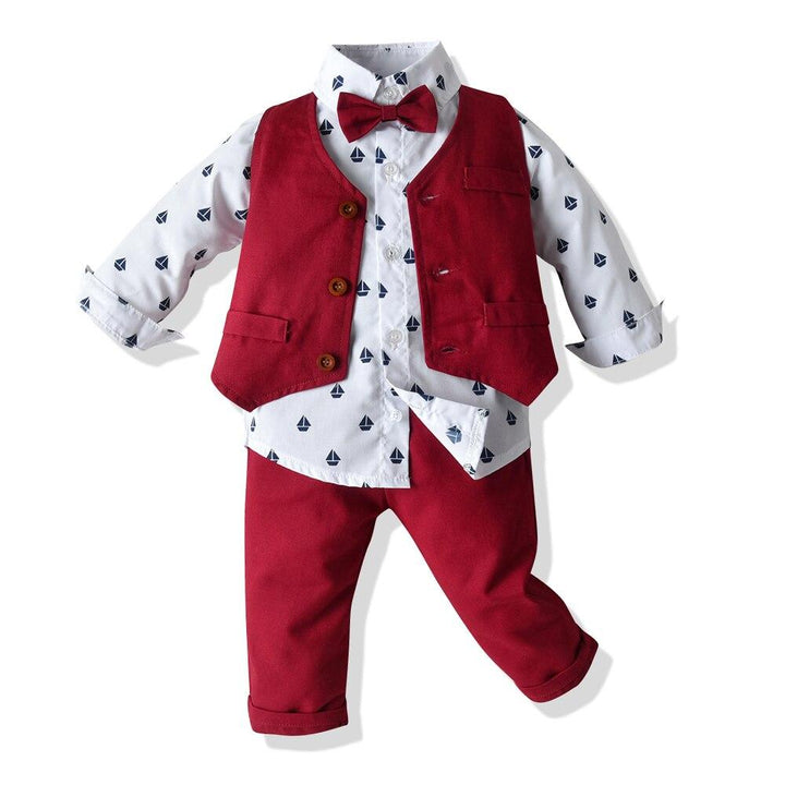 Kid Boy Formal Suit Boy Vest Set 4 Pcs - MomyMall red and white / 6-9 Months