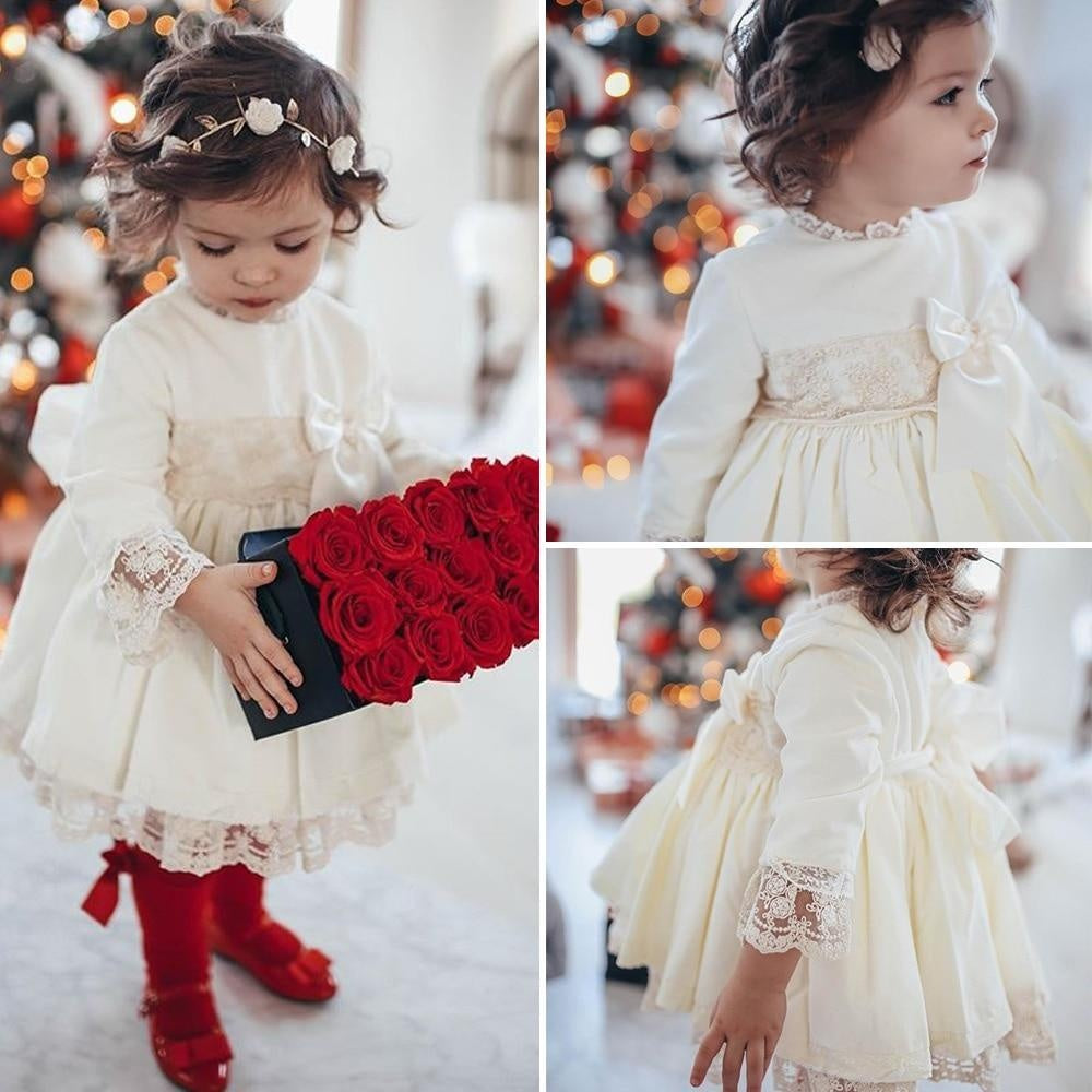 Kids Baby Girls Flared Sleeve Lace Bowknot Princess Dress Ball Gown 1-6Y - MomyMall