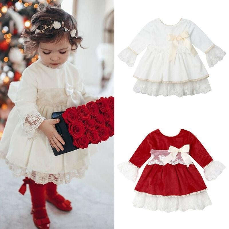 Kids Baby Girls Flared Sleeve Lace Bowknot Princess Dress Ball Gown 1-6Y - MomyMall