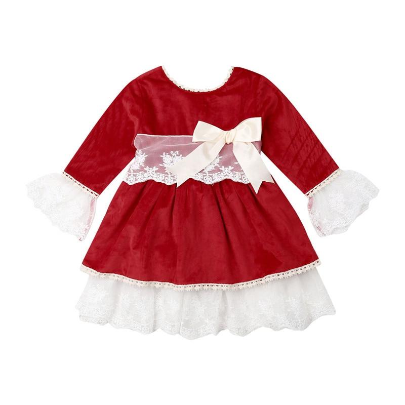 Kids Baby Girls Flared Sleeve Lace Bowknot Princess Dress Ball Gown 1-6Y - MomyMall