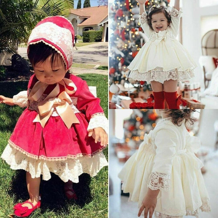 Kids Baby Girls Flared Sleeve Lace Bowknot Princess Dress Ball Gown 1-6Y - MomyMall Red / 1-2 Years