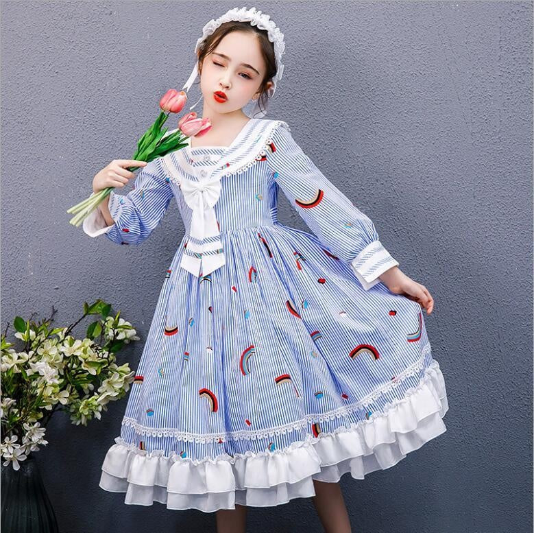 Kids Rainbow Dress Fall Tutu Lolita Stripe Fashion Princess Dresses 5-12 Years - MomyMall