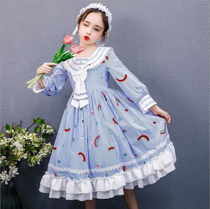 Kids Rainbow Dress Fall Tutu Lolita Stripe Fashion Princess Dresses 5-12 Years - MomyMall