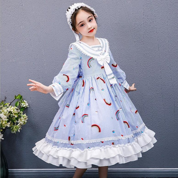 Kids Rainbow Dress Fall Tutu Lolita Stripe Fashion Princess Dresses 5-12 Years - MomyMall