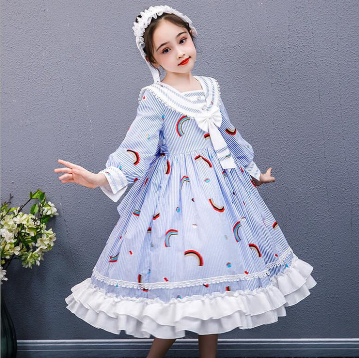 Kids Rainbow Dress Fall Tutu Lolita Stripe Fashion Princess Dresses 5-12 Years - MomyMall Blue / 4-5 Years