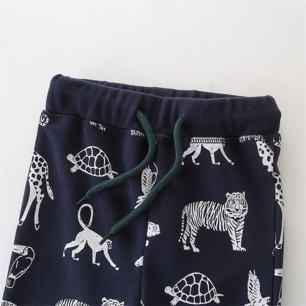 Kids Boy Lace-up Cartoon Dinosaur Tiger Printed Side Pocket Jogger Trousers