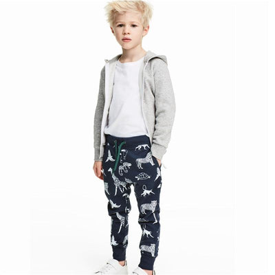 Kids Boy Lace-up Cartoon Dinosaur Tiger Printed Side Pocket Jogger Trousers