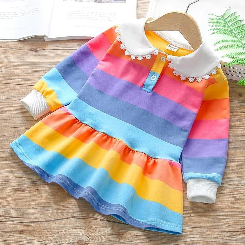 Baby Girls Casual Plaid Stripe Autumn Turn-down Collar Dresses 2-6Years