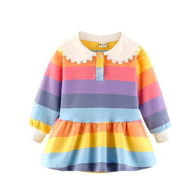 Baby Girls Casual Plaid Stripe Autumn Turn-down Collar Dresses 2-6Years