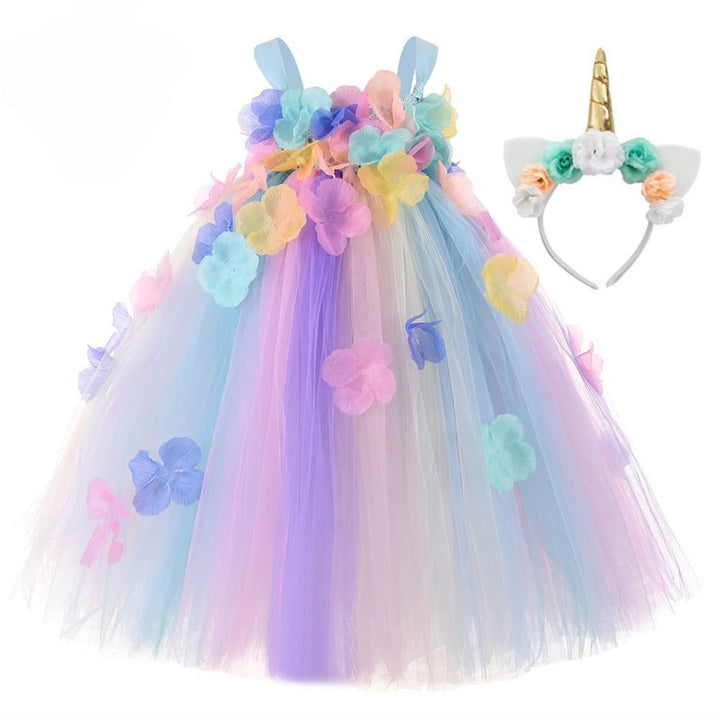 Kids Flowers Girl Unicorn Rainbow Birthday Fairy Dress with Headband - MomyMall Girls Dress Set 1 / 6-12 Months