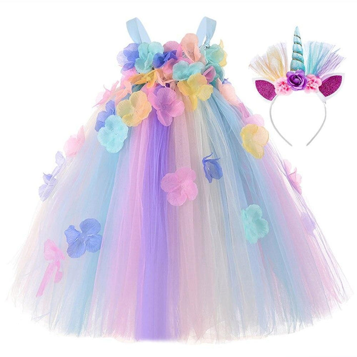 Kids Flowers Girl Unicorn Rainbow Birthday Fairy Dress with Headband - MomyMall Girls Dress Set 2 / 6-12 Months