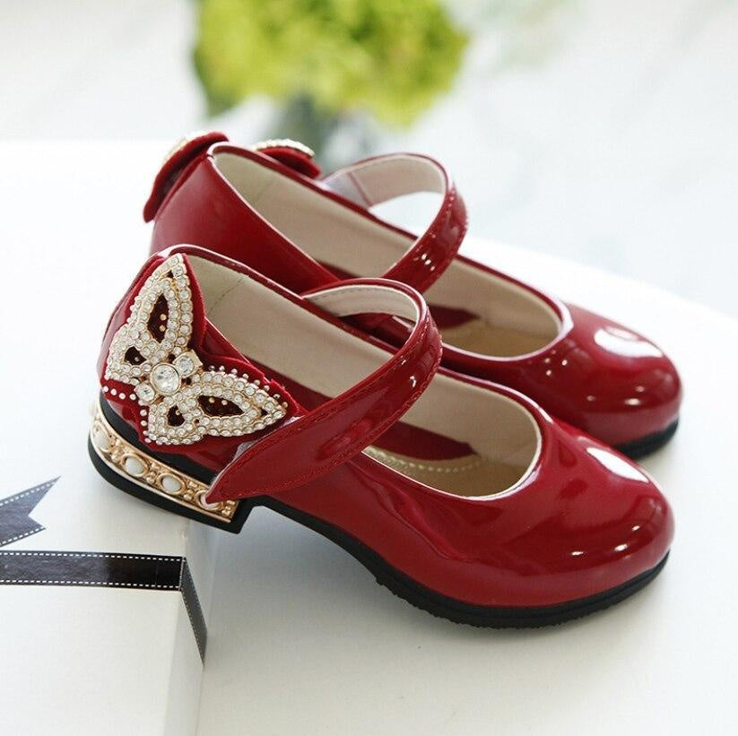 Girls Bowknot Rhinestone LeatherParty Dress Shoes - MomyMall