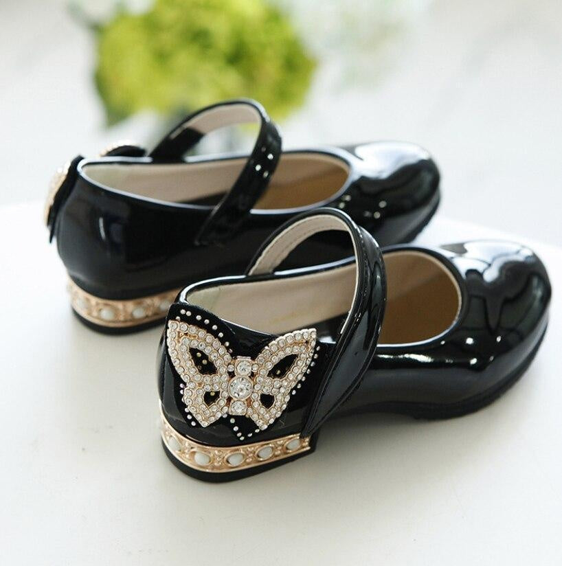 Girls Bowknot Rhinestone LeatherParty Dress Shoes - MomyMall