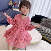 Kids Girl Rose Red V Neck Flower PrincesSolid Chiffon Dresses 3-14 Years - MomyMall Pink / 3-4 Years