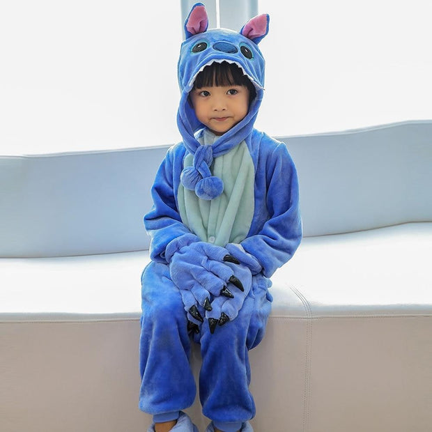 Einteiliger Pyjama für Kinder, Jungen und Mädchen, warmer Winter-Pyjama aus Flanell, Dinosaurier, 2–12 Jahre