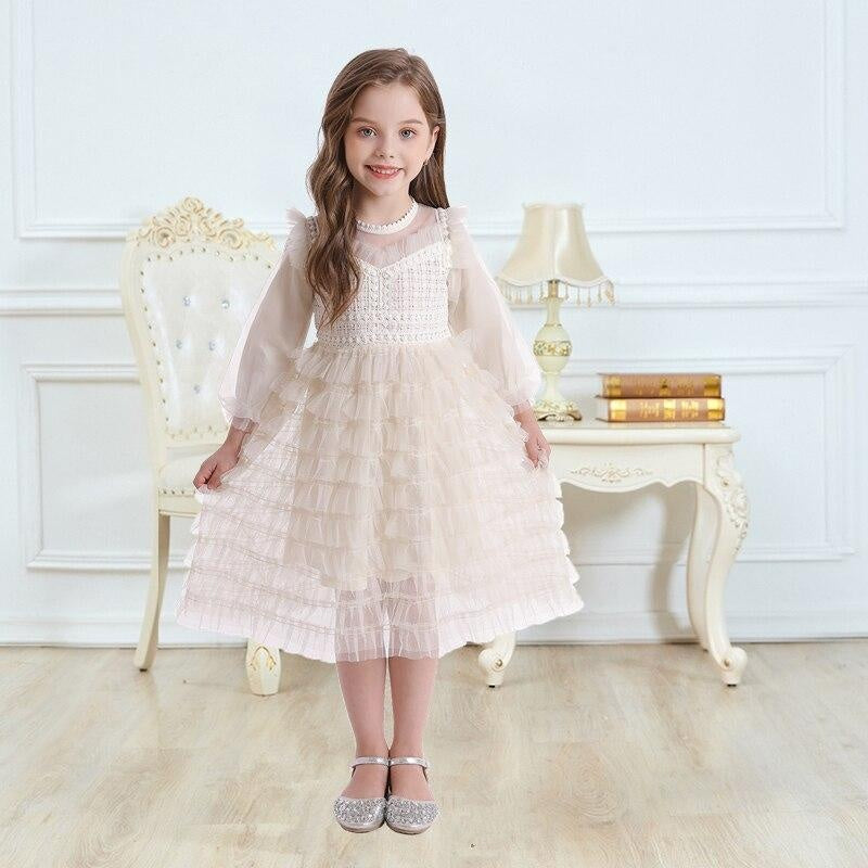 Girls Wedding Lace Long Sleeve Fairy Banquet Autumn Elegant Princess Dresses - MomyMall Beige / 2-3 Years