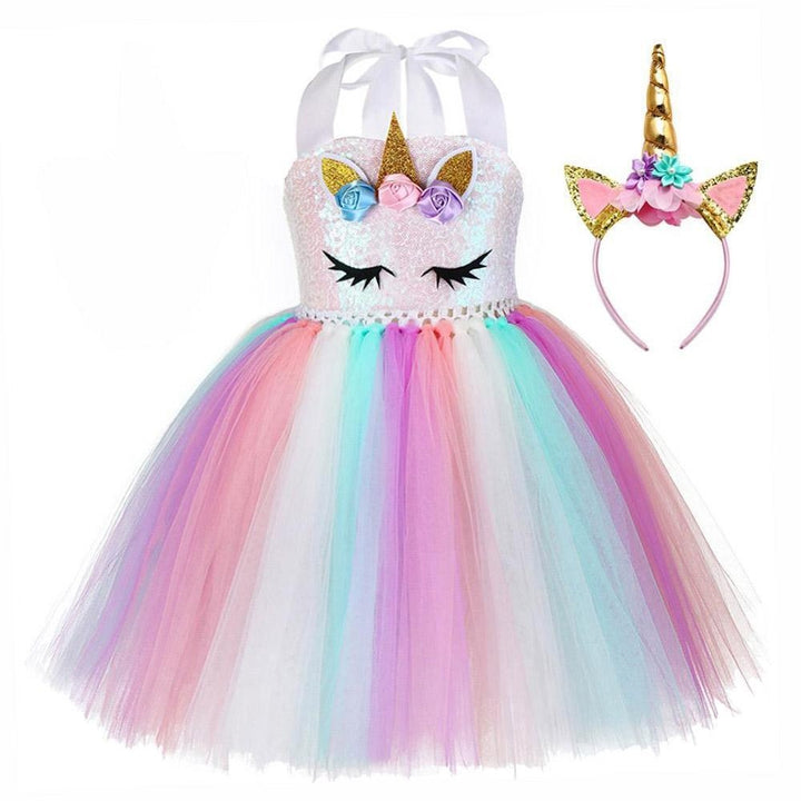 Girls Unicorn Birthday Tutu Sequin Pastel Dress With Headband Wing - MomyMall Dress with Headband / 18M-2T
